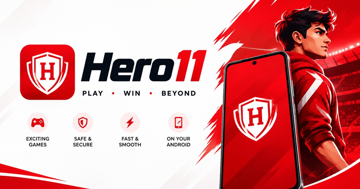 Hero11 brand banner with the shield logo, a phone, and the line Play, Win, Beyond.
