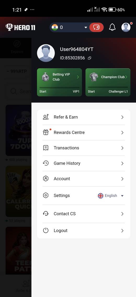 Signed-in Hero11 account sheet with a username, numeric ID, Betting VIP Club, Champion Club, and menu rows. The login form was not captured.