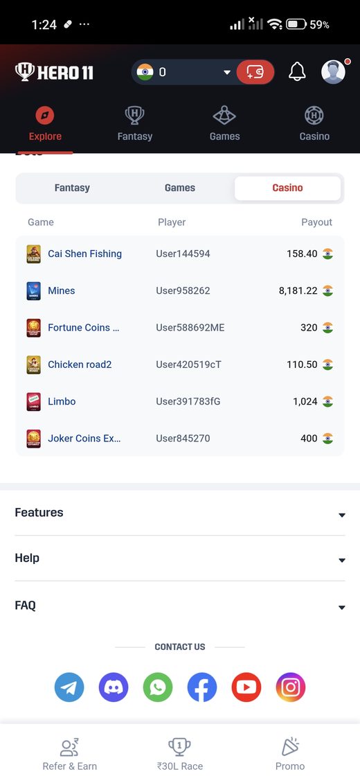 Hero11 bets list opened on the Casino tab.