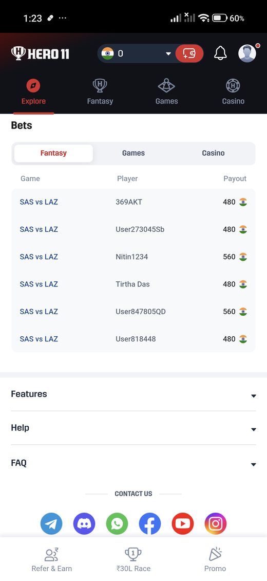 Hero11 bets list opened on the Fantasy tab.