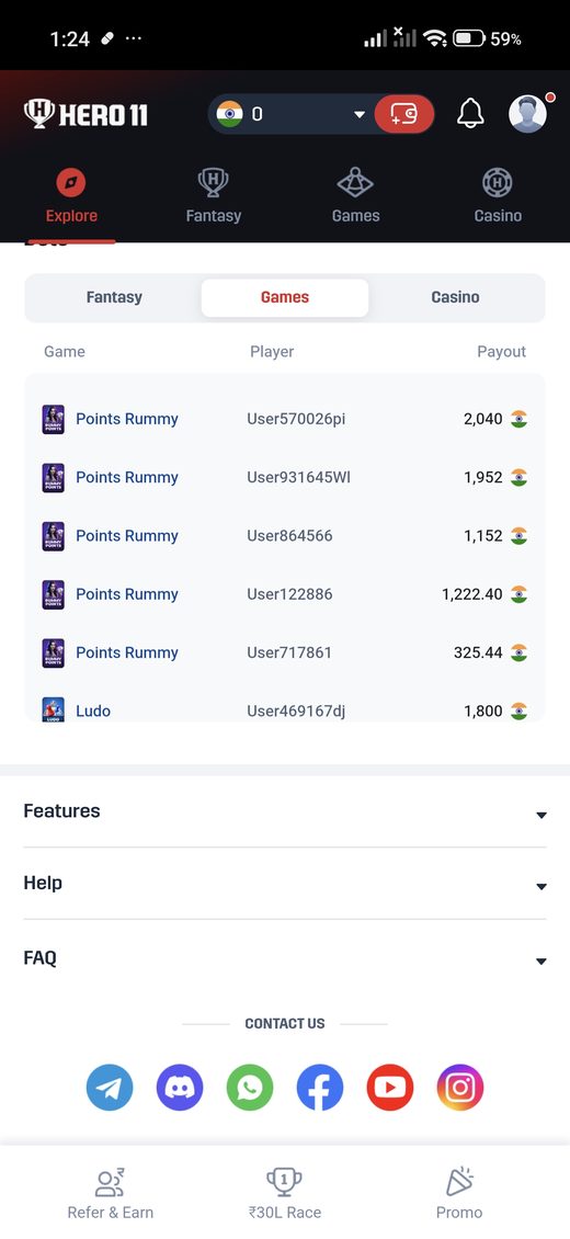 Hero11 bets list opened on the Games tab.