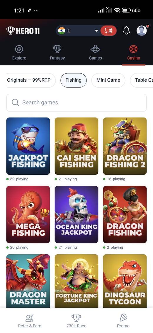 Hero11 casino Fishing category with illustrated titles.