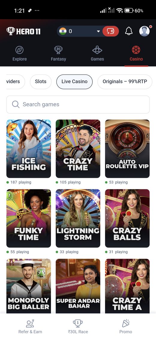Hero11 casino Live Casino category.