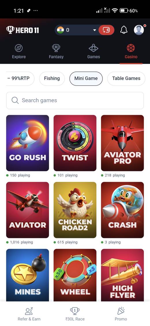 Hero11 casino Mini Game tiles, including Aviator and Mines.