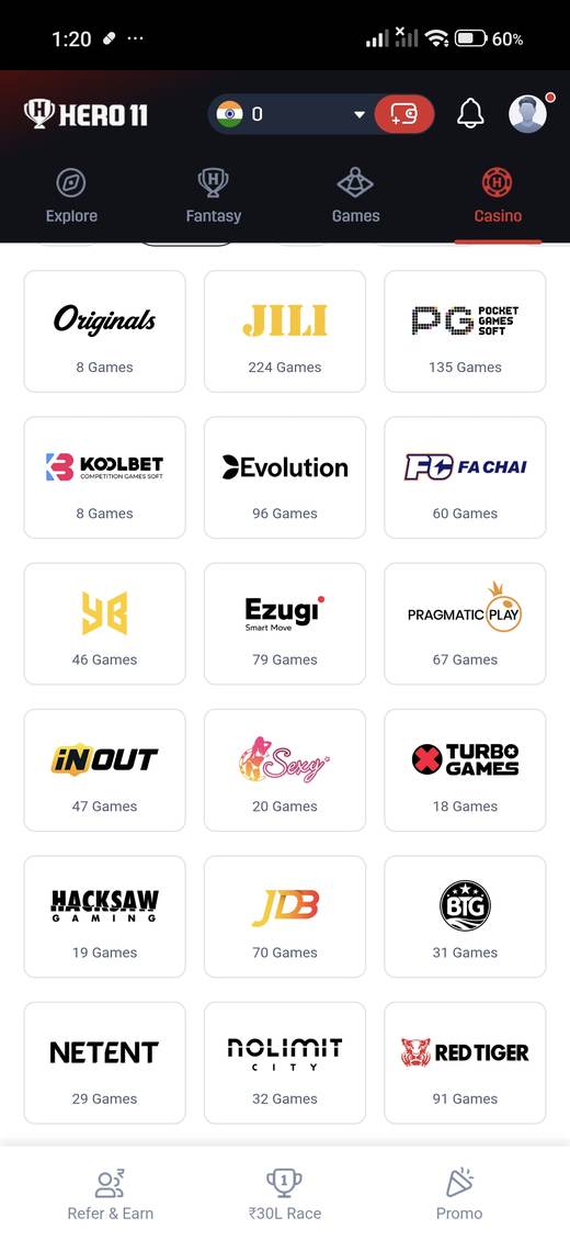 Hero11 casino studio grid with a game count under each studio name.