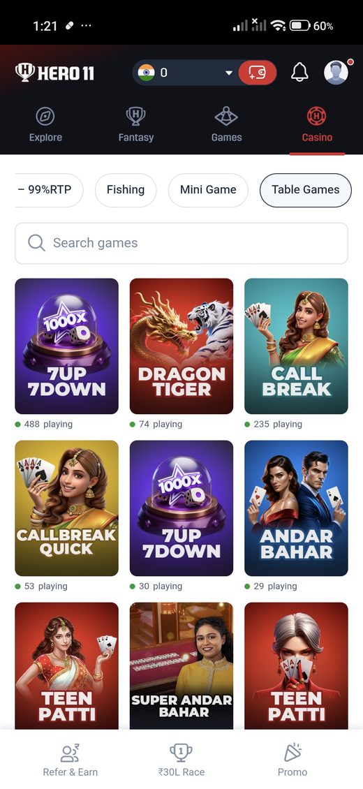 Hero11 casino Table Games category.