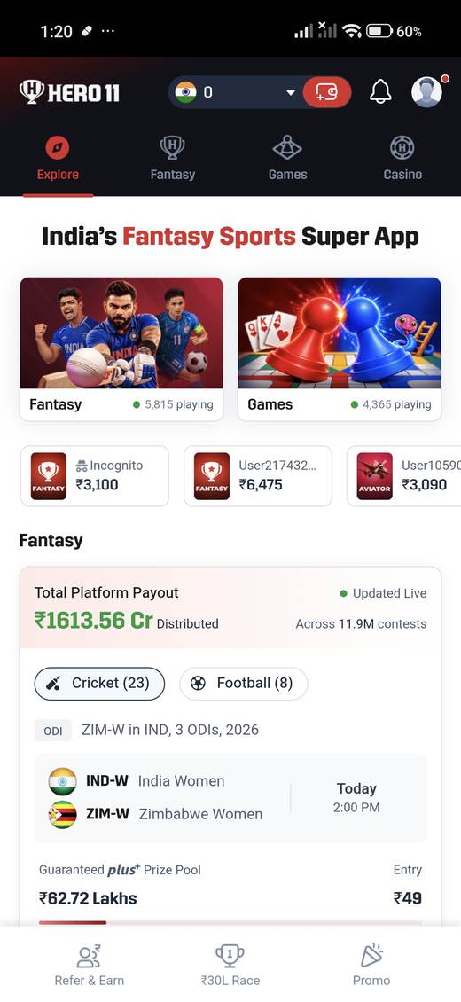 Hero11 Explore screen with the headline India's Fantasy Sports Super App, cards into Fantasy and Games, and a match list.