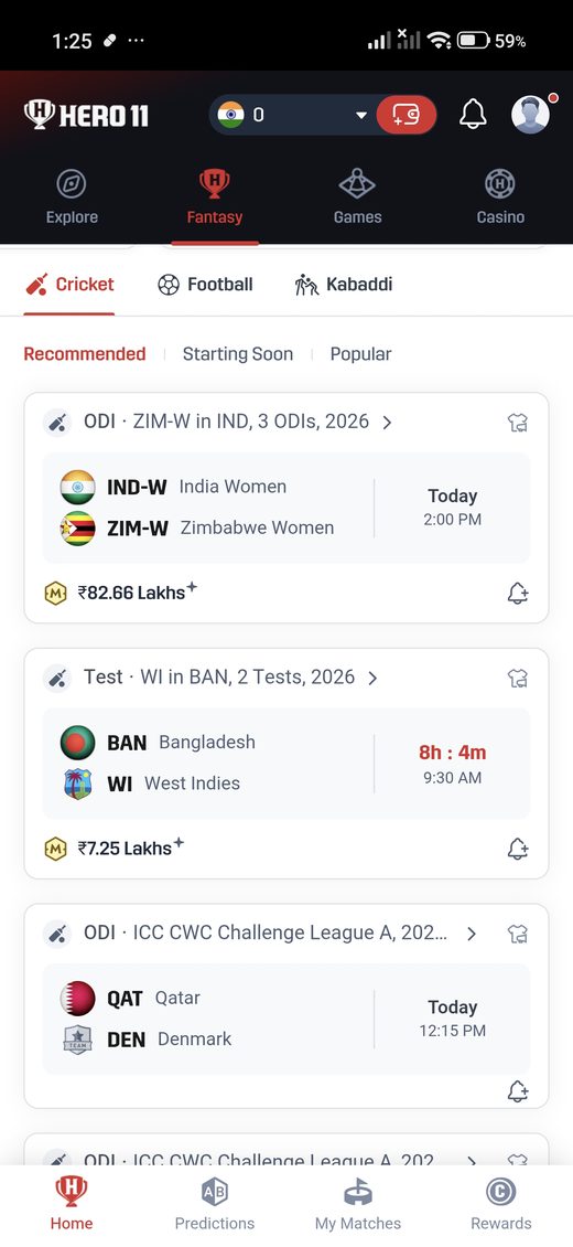 Hero11 cricket list with an India Women versus Zimbabwe Women ODI and a West Indies versus Bangladesh Test.