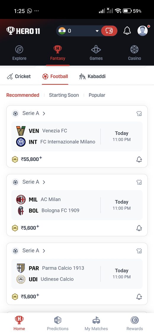 Hero11 football list showing Serie A fixtures. This frame is not an IPL screen.