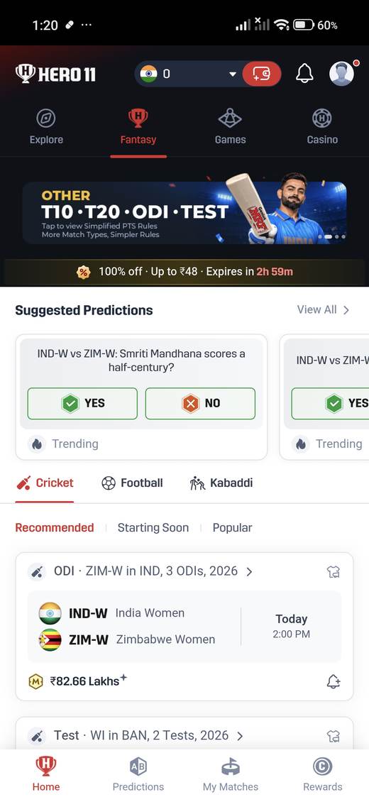 Hero11 Fantasy screen with a Suggested Predictions yes or no card and a fixture list.