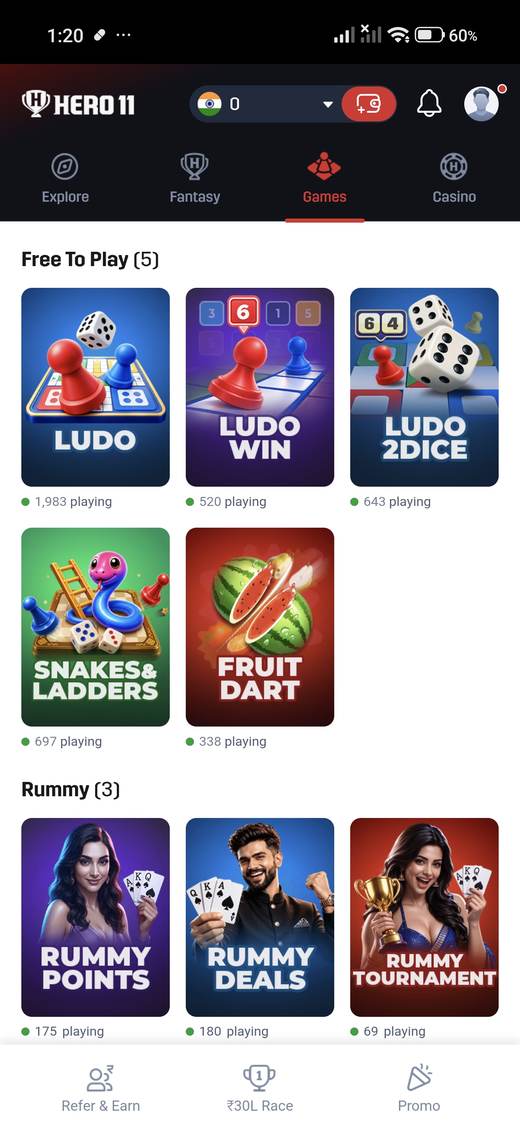Hero11 Games screen with Free To Play tiles for Ludo, Snakes and Ladders, Fruit Dart, and a rummy group.