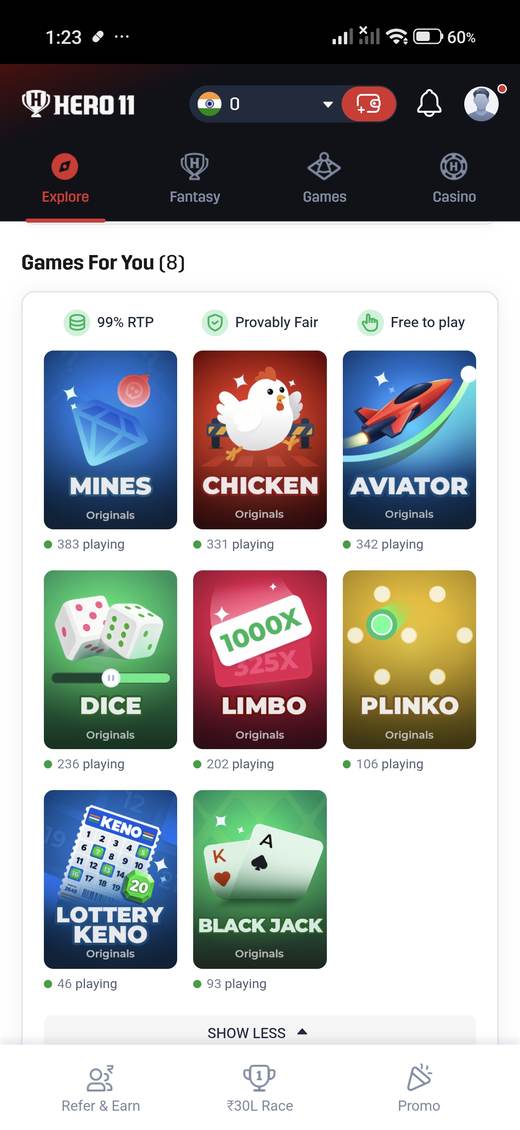 Hero11 instant-game tiles including Mines, Chicken, Aviator, Dice, Limbo, Plinko, Lottery Keno, and Blackjack.