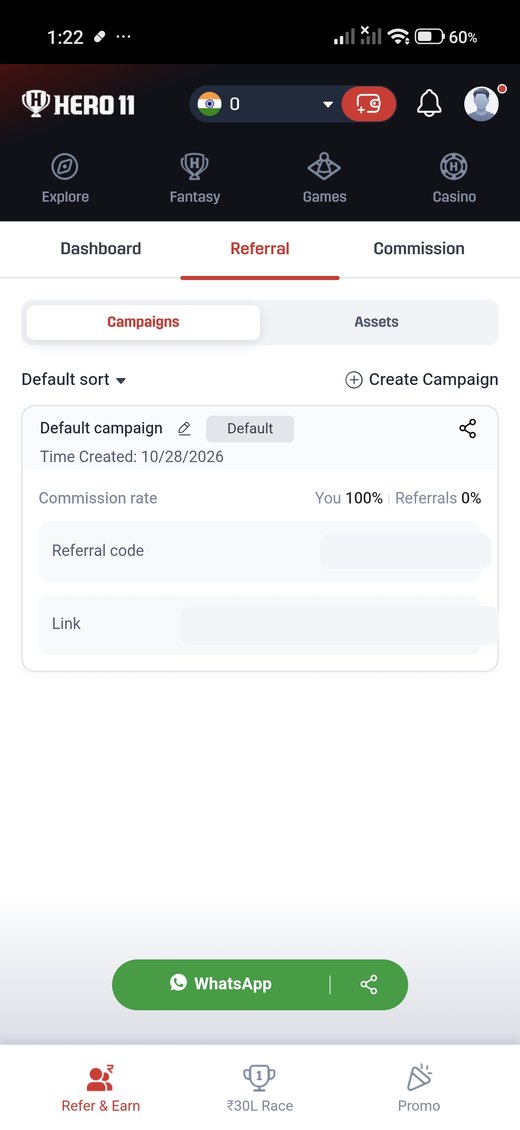 Hero11 referral campaign screen. The code and the share link stay covered.