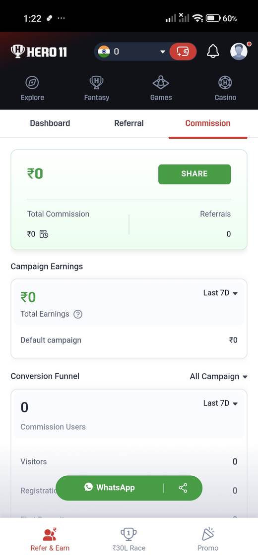 Hero11 commission screen. The capture showed totals at zero and a WhatsApp share button.