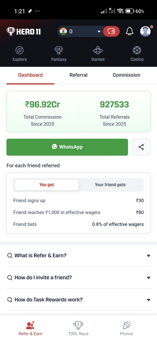 Hero11 referral dashboard. Figures in the picture are not reprinted as audited facts.