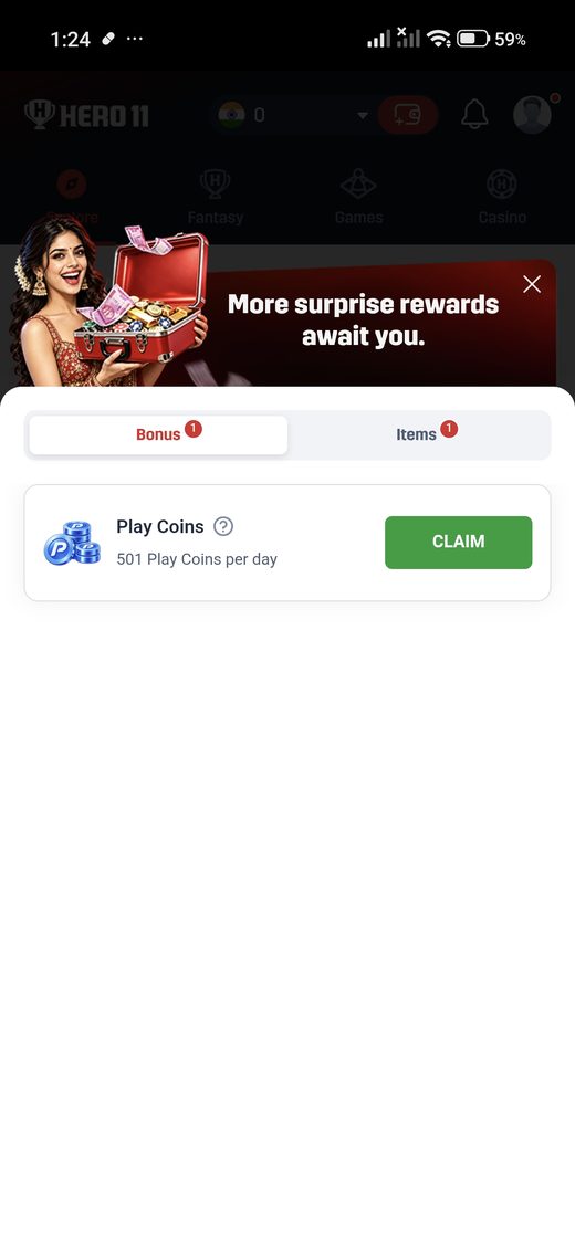 Hero11 rewards sheet with a Play Coins claim. The label belongs to the app.