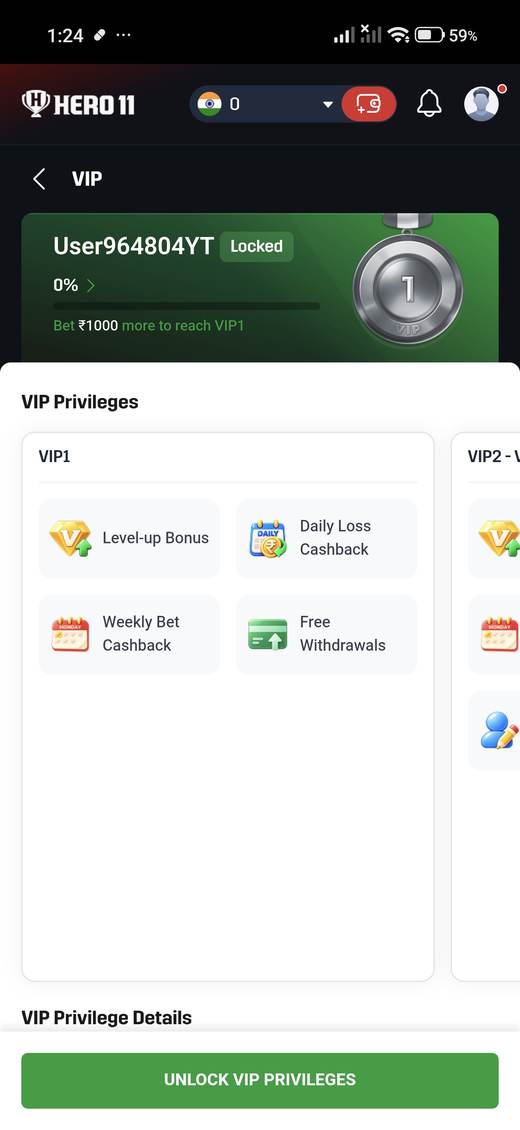 Hero11 VIP screen with a locked level and privilege names.