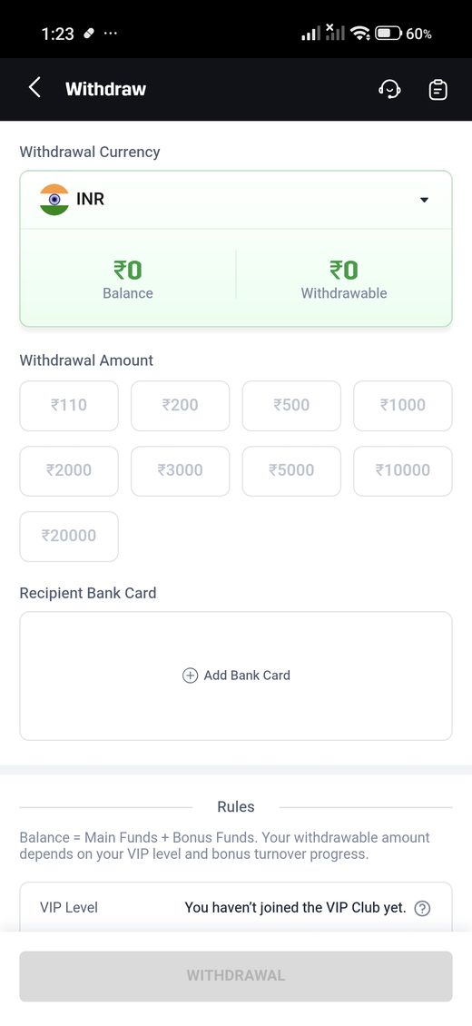 Hero11 INR withdraw screen with an empty bank-card field.
